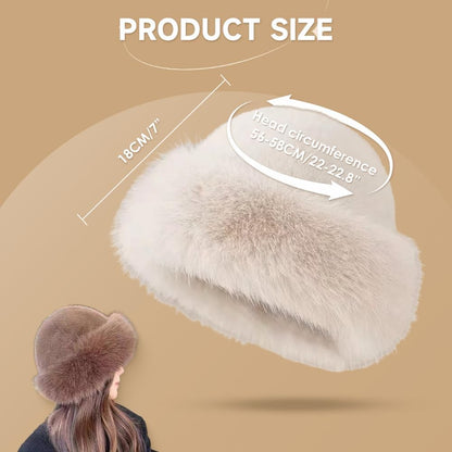 Womens Winter Faux Fur Bucket Hat, Thick Fluffy Fisherman, Winter Warmer Cap for Women