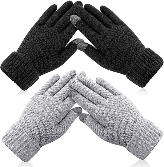 Winter gloves - Fleece gloves - Warm - Soft - Touchscreen gloves - Ladies' winter gloves - Suitable for cold weather - Knitted gloves - 2 pairs - Black gloves - Grey gloves