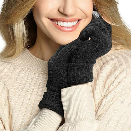 Winter gloves - Fleece gloves - Warm - Soft - Touchscreen gloves - Ladies' winter gloves - Suitable for cold weather - Knitted gloves - 2 pairs - Black gloves - Grey gloves