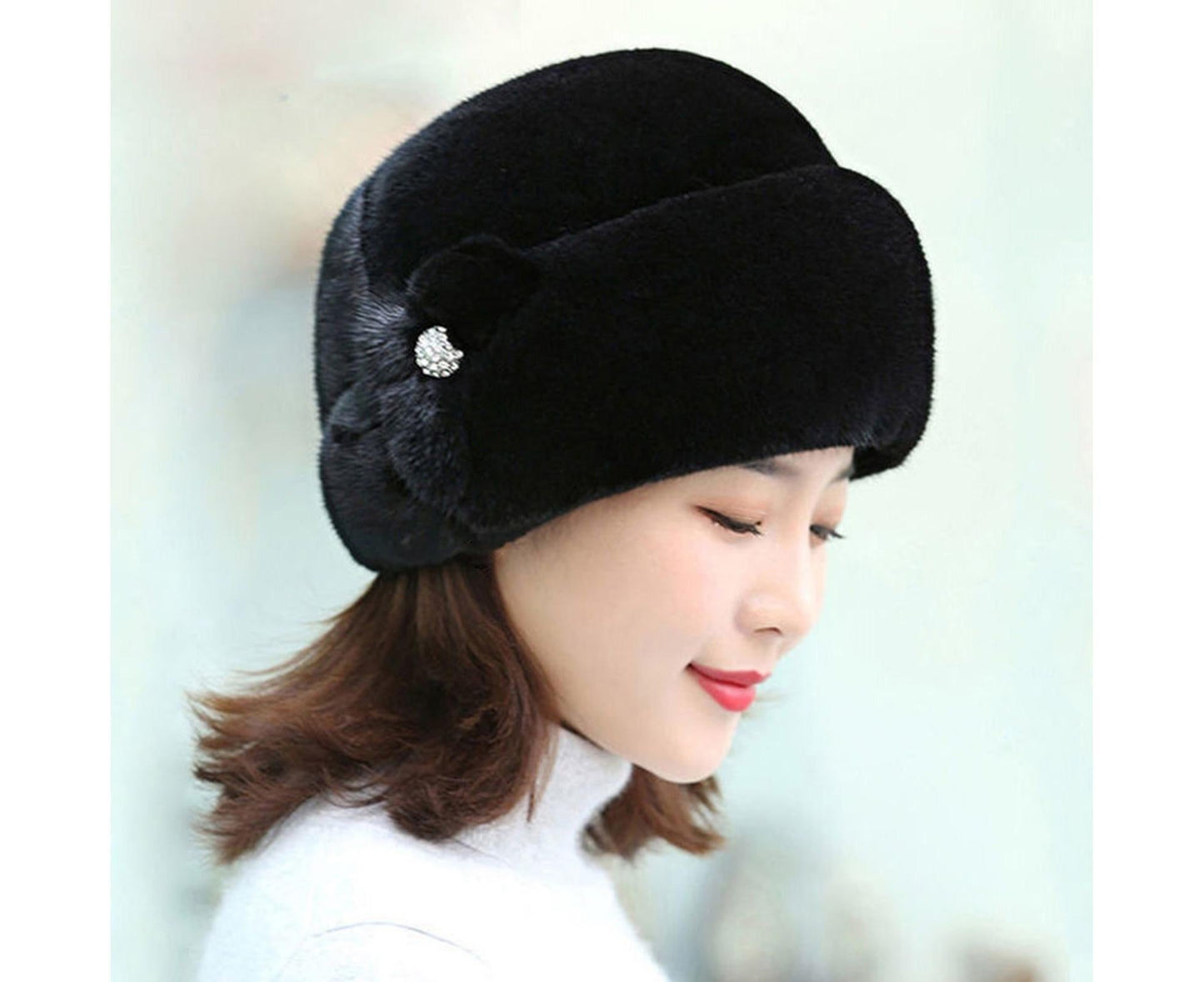 Winter Hat Faux Rabbit Fur Decor Thick Luxury Women Cap - Black