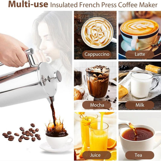 304 Stainless Steel French Press Coffee Maker, Household Hand-Brew Coffee Pot, Includes One Filter – 1500ML