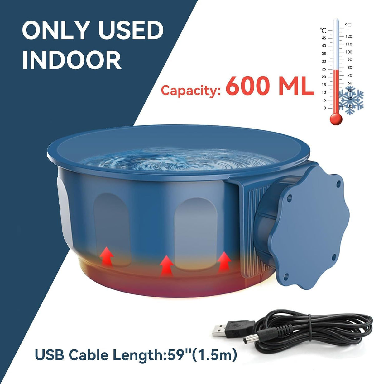 Versatile Cage-Mounted Heated Pet Bowl for Small Animals, Dual-Use Food and Water Feeder with USB Power, Ideal for Indoor Rabbit, Hamster, Cat, Dog, and Bird Hydration and Feeding (Blue)