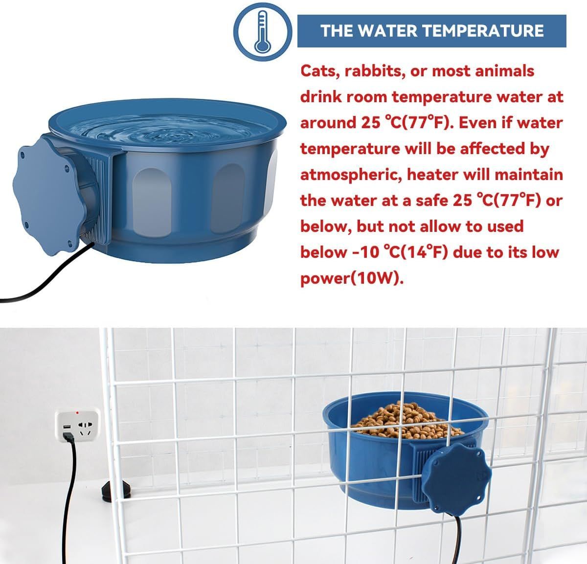 Versatile Cage-Mounted Heated Pet Bowl for Small Animals, Dual-Use Food and Water Feeder with USB Power, Ideal for Indoor Rabbit, Hamster, Cat, Dog, and Bird Hydration and Feeding (Blue)