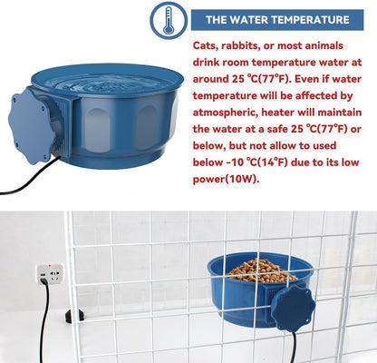 Versatile Cage-Mounted Heated Pet Bowl for Small Animals, Dual-Use Food and Water Feeder with USB Power, Ideal for Indoor Rabbit, Hamster, Cat, Dog, and Bird Hydration and Feeding (Blue)