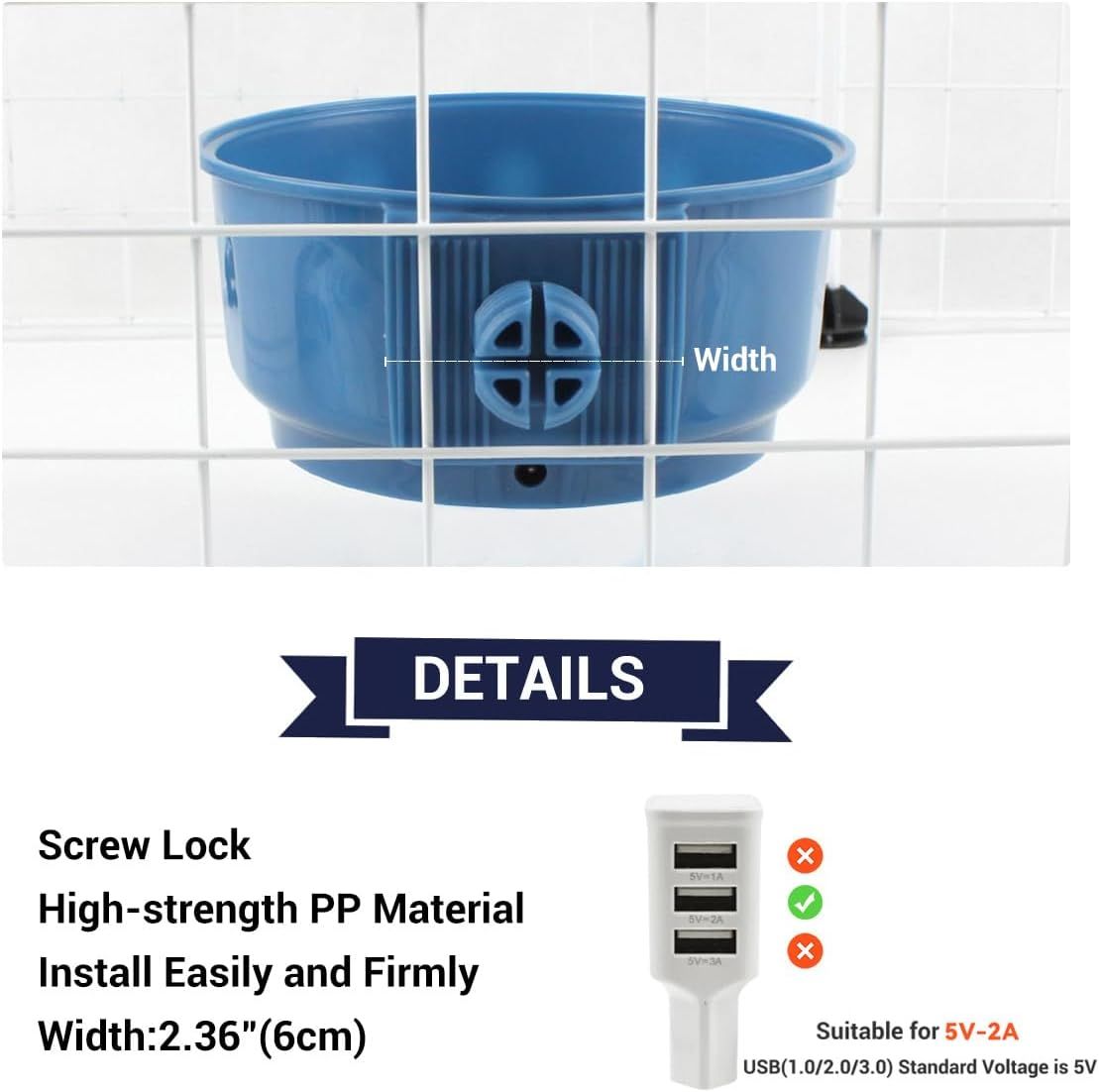 Versatile Cage-Mounted Heated Pet Bowl for Small Animals, Dual-Use Food and Water Feeder with USB Power, Ideal for Indoor Rabbit, Hamster, Cat, Dog, and Bird Hydration and Feeding (Blue)