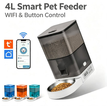 Smart Pet Feeder with WiFi and Button Control, 4L Automatic Cat and Dog Food Dispenser with Removable Stainless Steel Bowl, Ideal for Busy Owners, Travel, and Home Use (Cyan, Button Version)