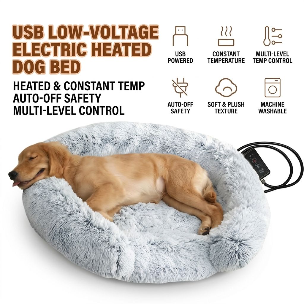 USB-Powered Heated Round Pet Bed with Removable Washable Cover, 5-Level Temperature and Timer Control, Cozy Plush Warming Nest for Small Dogs and Cats Indoor Winter Use (MultiColor, 50cm)