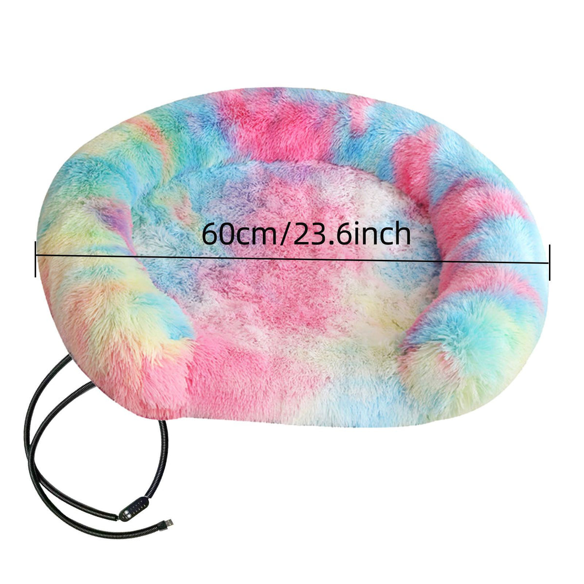 USB-Powered Heated Round Pet Bed with Removable Washable Cover, 5-Level Temperature and Timer Control, Cozy Plush Warming Nest for Small Dogs and Cats Indoor Winter Use (MultiColor, 60cm)