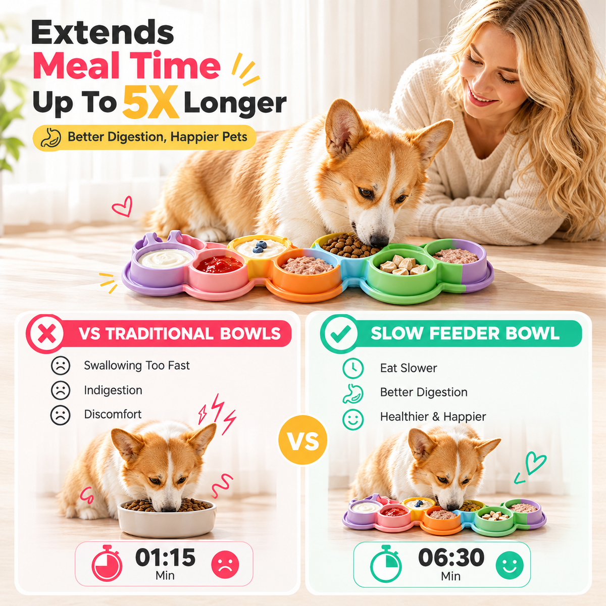 Interactive Slow Feeder Mat for Cats and Dogs – 7-Compartment Silicone Lick Mat with Textured Patterns, Non-Slip Eating Tray for Anxiety Relief, Digestive Health, and Mess-Free Meals at Home (MultiColor B)