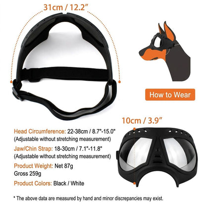 Adjustable Pet Dog Goggles with UV Protection Anti-Fog Lens and Reflective Coating for Medium to Large Dogs Outdoor Driving Beach Snow Activities (Black)