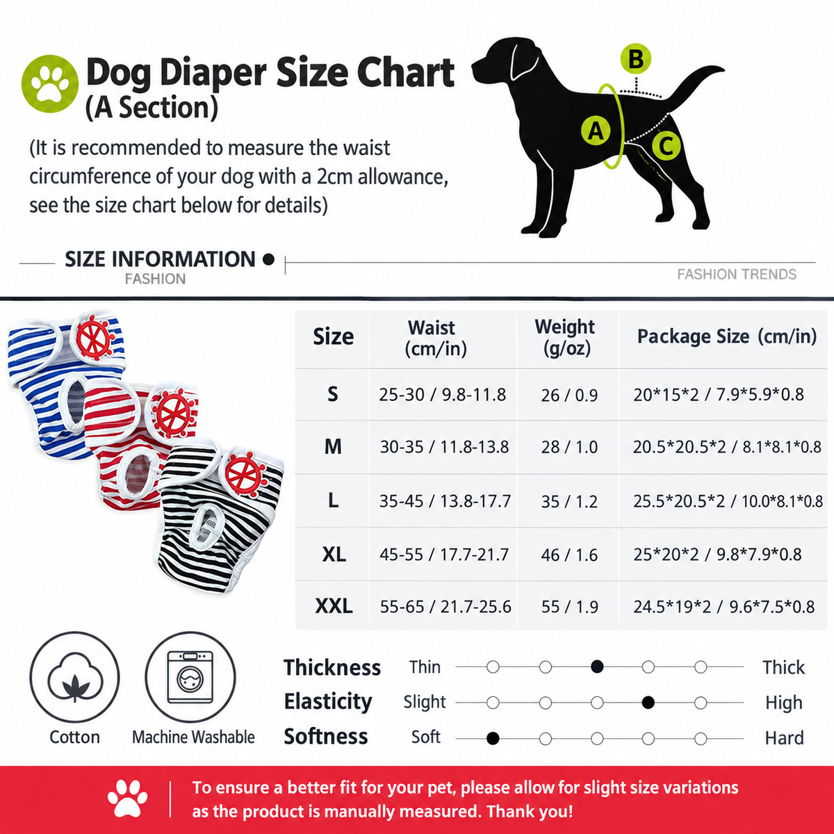 Washable Dog Physiological Underwear with Nautical Striped Design, Adjustable Magic Tape, Tail Opening and Leak-Proof Layer for Small to Large Dogs During Heat Cycles and Daily Indoor or Outdoor Use (2XL, Red)