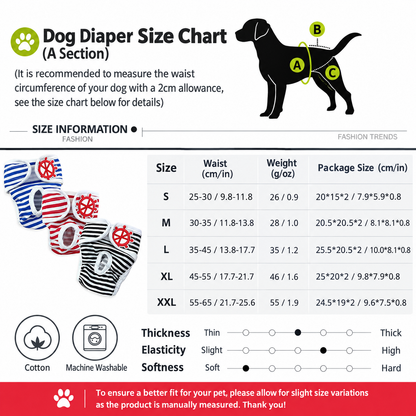 Washable Dog Physiological Underwear with Nautical Striped Design, Adjustable Magic Tape, Tail Opening and Leak-Proof Layer for Small to Large Dogs During Heat Cycles and Daily Indoor or Outdoor Use (L, Red)