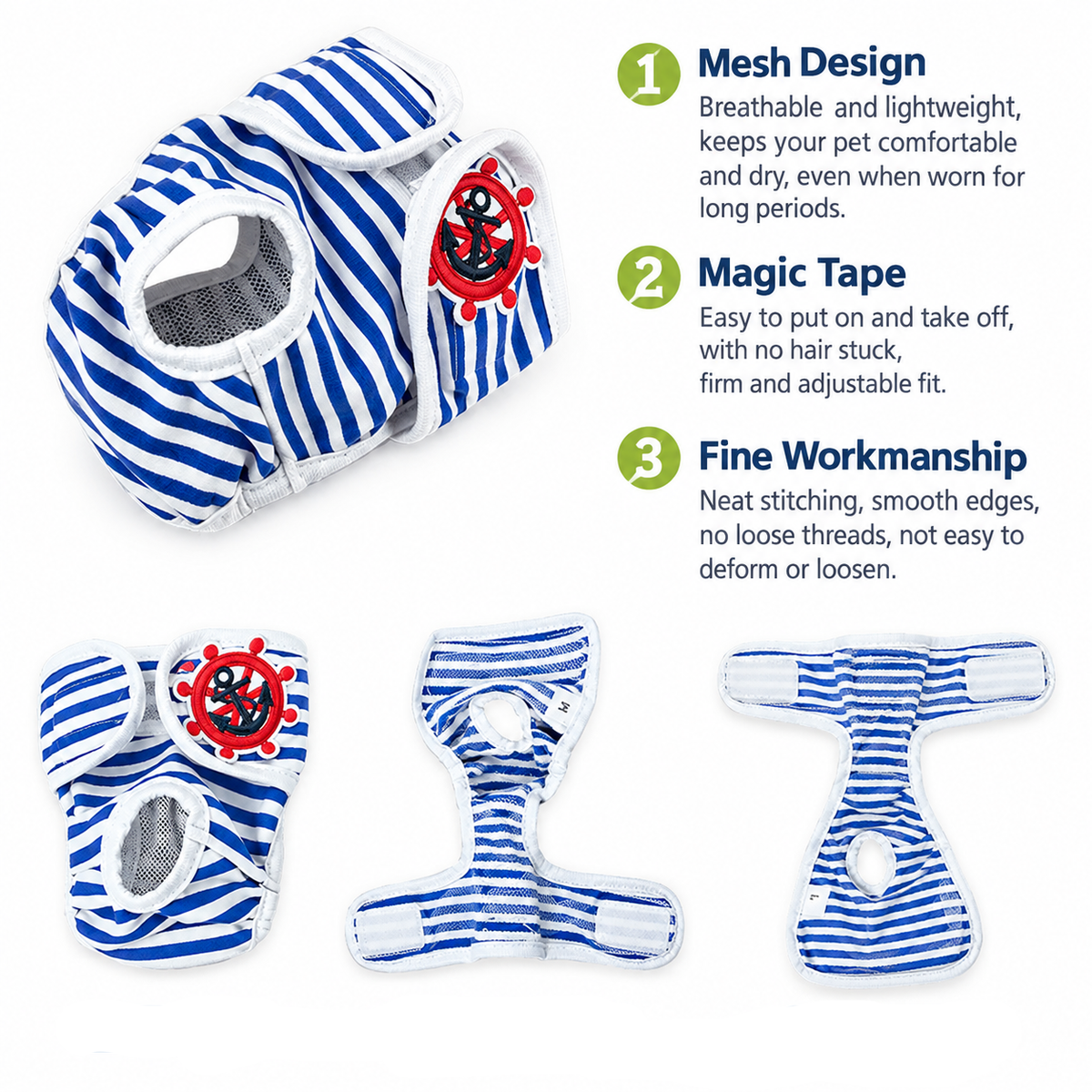 Washable Dog Physiological Underwear with Nautical Striped Design, Adjustable Magic Tape, Tail Opening and Leak-Proof Layer for Small to Large Dogs During Heat Cycles and Daily Indoor or Outdoor Use (L, Red)