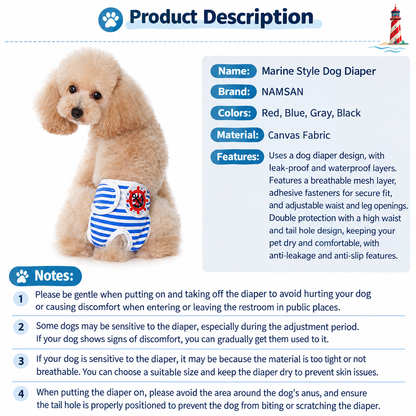 Washable Dog Physiological Underwear with Nautical Striped Design, Adjustable Magic Tape, Tail Opening and Leak-Proof Layer for Small to Large Dogs During Heat Cycles and Daily Indoor or Outdoor Use (L, Red)