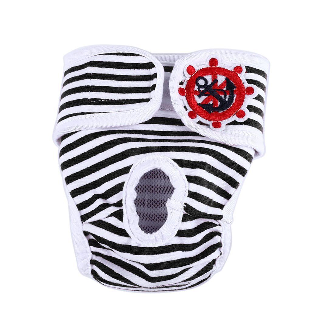 Washable Dog Physiological Underwear with Nautical Striped Design, Adjustable Magic Tape, Tail Opening and Leak-Proof Layer for Small to Large Dogs During Heat Cycles and Daily Indoor or Outdoor Use (M, Black)