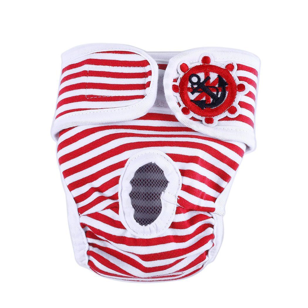 Washable Dog Physiological Underwear with Nautical Striped Design, Adjustable Magic Tape, Tail Opening and Leak-Proof Layer for Small to Large Dogs During Heat Cycles and Daily Indoor or Outdoor Use (XL, Red)