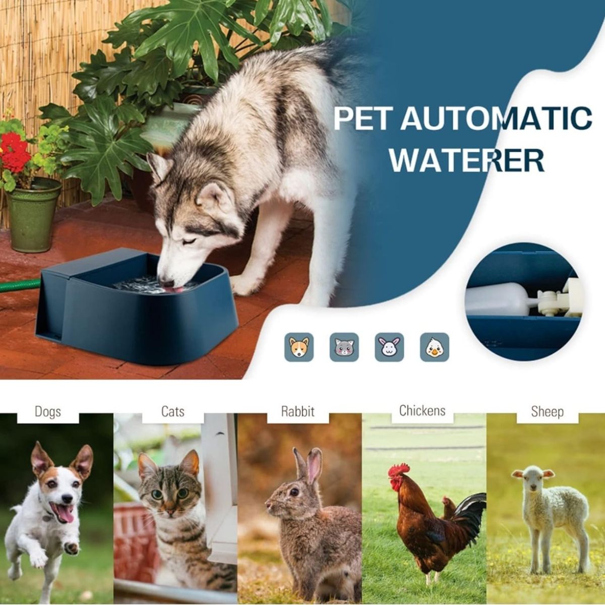 Automatic Pet Water Dispenser with Floating Valve and Hose, 2L Food-Grade Bowl for Dogs Cats Chickens Rabbits and Small Animals, Indoor Outdoor Fresh Water Supply (Bowl And Water Pipe)