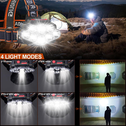 Headlamp Rechargeable, 2000 Lumen Super Bright 8 LED Head Lamp, 4 Modes Lightweight USB Head Light, IPX5 Waterproof Headlamp Flashlight for Outdoor Camping, Running, Cycling, Climbing
