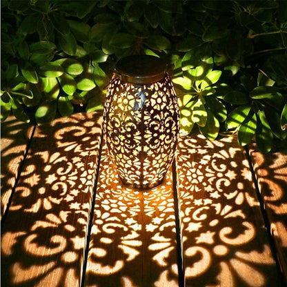 Solar Lantern Metal &Stained Glass Solar Light Waterproof Tabletop Lamp with Hollowed-Out Design for Yard Table Patio Garden