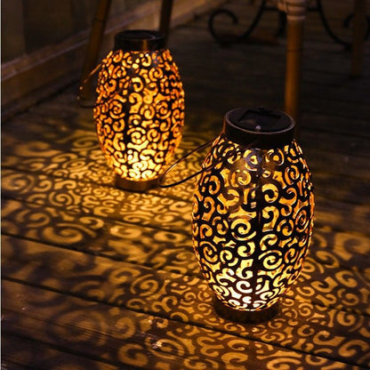 Solar Lantern Metal &Stained Glass Solar Light Waterproof Tabletop Lamp with Hollowed-Out Design for Yard Table Patio Garden