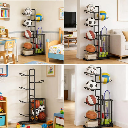 CARLA HOME 7 Tier Ball Storage Rack - Sports Organiser - Black - Basketball Storage Rack