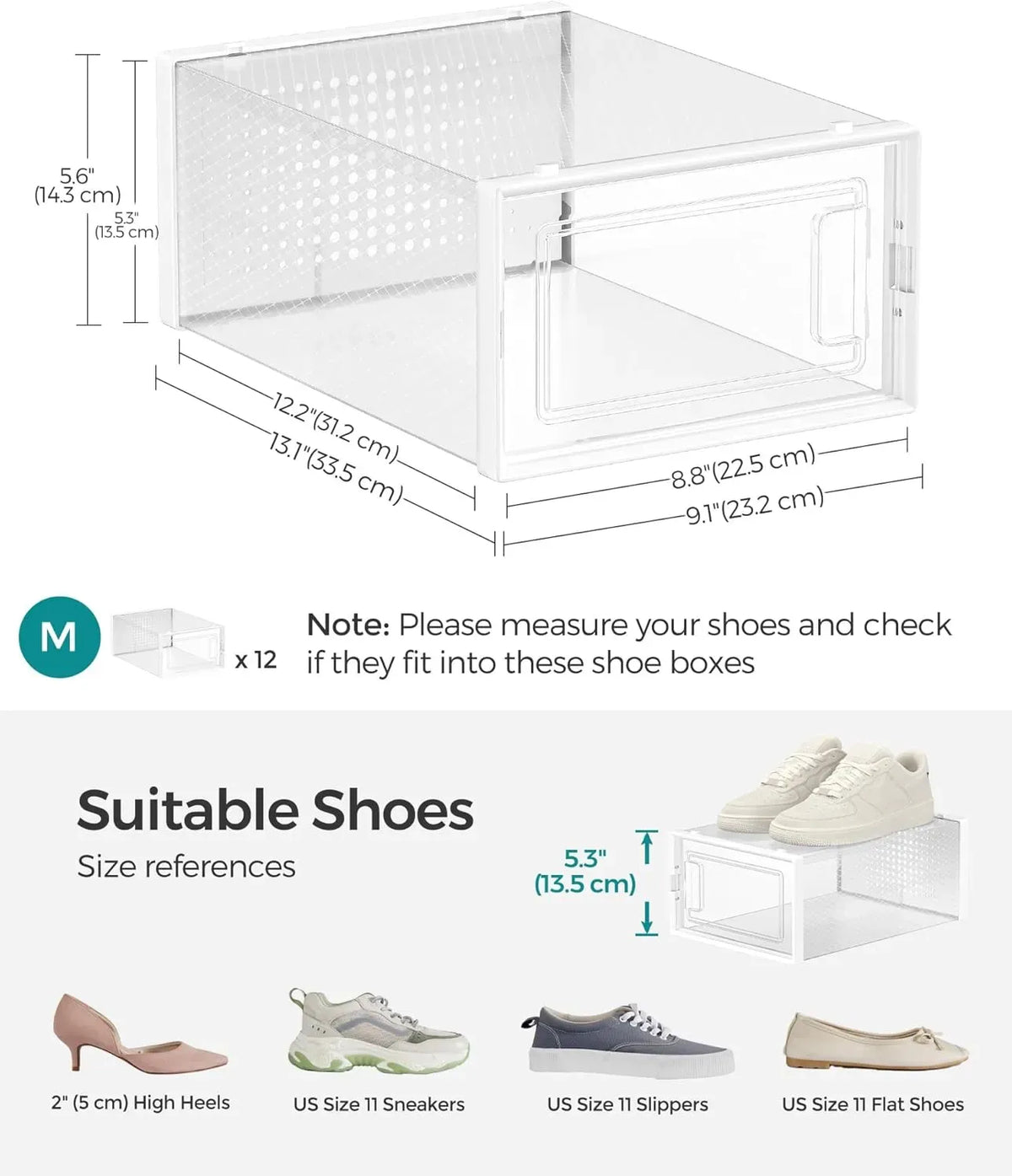 CARLA HOME 12-Pack Clear Shoe Storage Boxes - Stackable - White - Shoe Box Storage