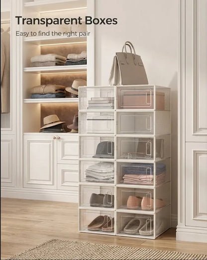 CARLA HOME 12-Pack Clear Shoe Storage Boxes - Stackable - White - Shoe Box Storage