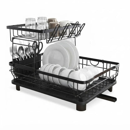 CARLA HOME 2 tier Dish Drying Rack with Drainboard & Utensil Holder for Kitchen (Black)