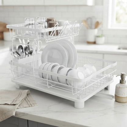 CARLA HOME 2 tier Dish Drying Rack with Drainboard & Utensil Holder for Kitchen (White)