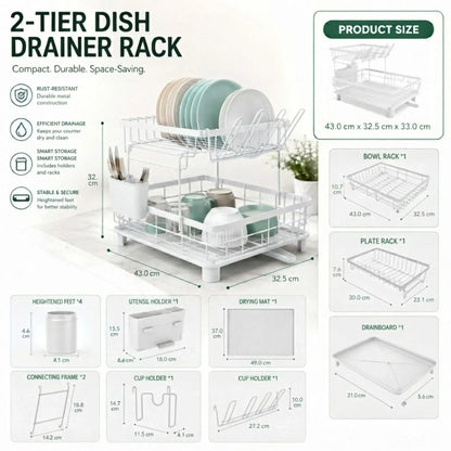 CARLA HOME 2 tier Dish Drying Rack with Drainboard & Utensil Holder for Kitchen (White)