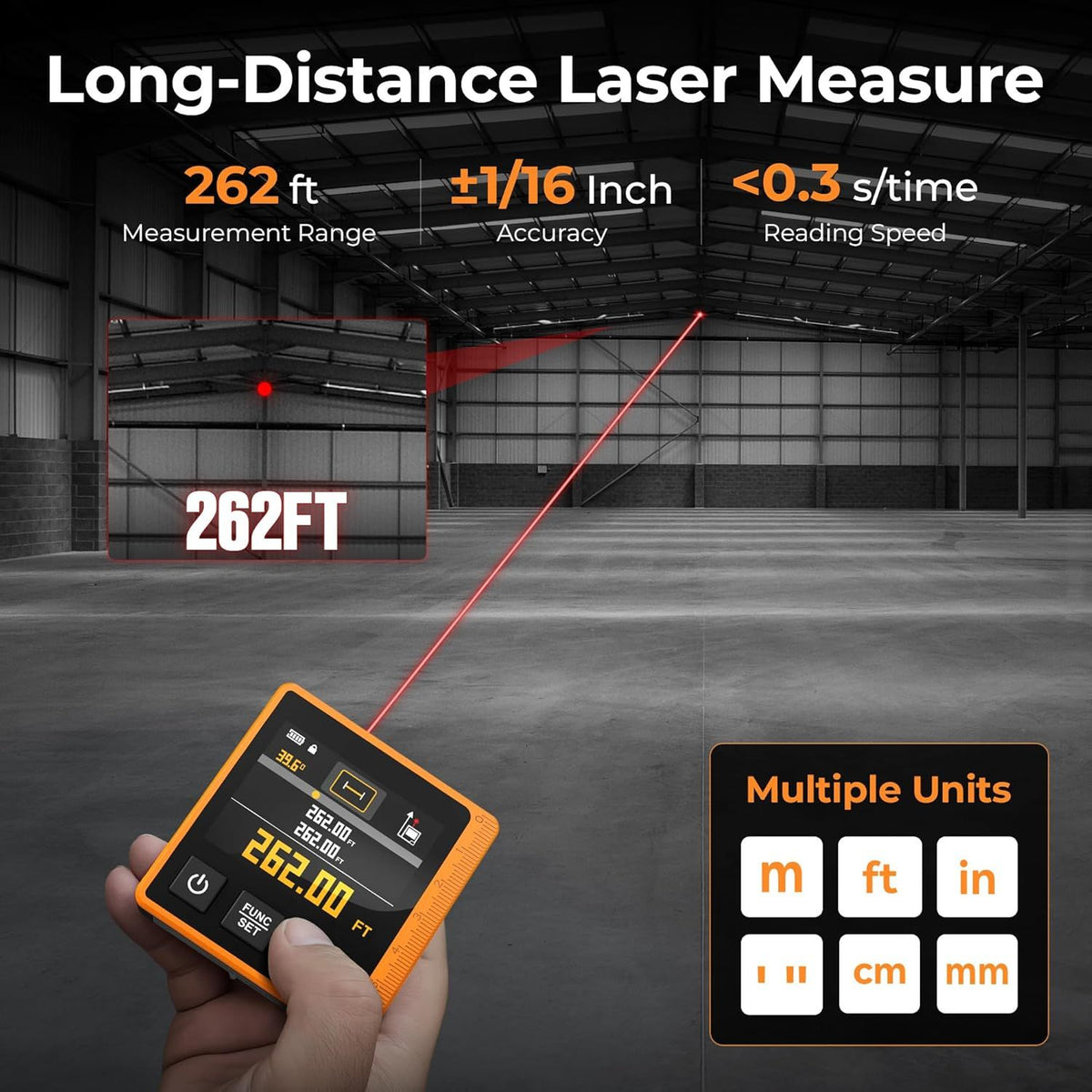 Laser Measuring Tool, 262ft Laser Measure with Digital Angle Finder & Level, Magnetic Rechargeable Laser Measurement Tool with 2.4'' Color Backlit Display, 6 Units, Length/Area/Volume/Pythagorean Mode