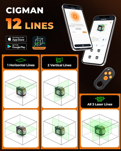 CIGMAN Green Laser Level, 3x360° Side LCD 12-Line Self-Leveling, Bluetooth App Remote, Pulse Mode for Receiver, ±1/8 in. at 33 ft Accuracy, 2x Li-ion (USB-C), 1/4-20 Mount, IP54, ABS Hard Case - S03