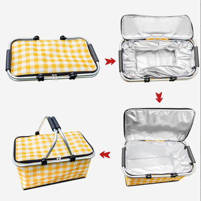 Collapsible Outdoor Camping Portable Insulated Picnic Basket Camping Picnic Ice Pack(Red Grid)