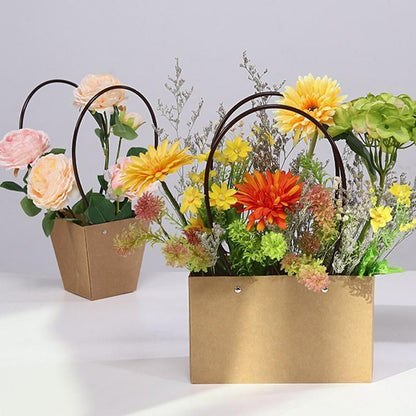 25x Kraft Paper Bag Flowers Waterproof Bouquet Basket Gift Box With Handle - 25PCS-Sq Big