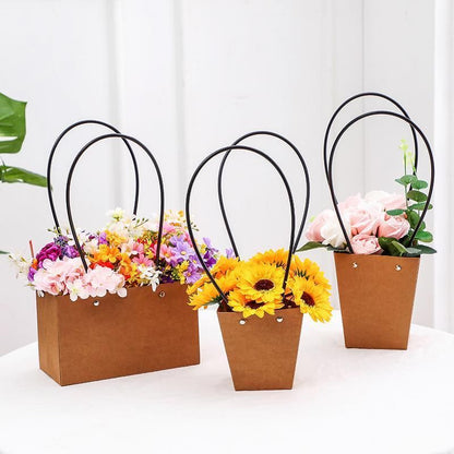 25x Kraft Paper Bag Flowers Waterproof Bouquet Basket Gift Box With Handle - 25PCS-Sq Big