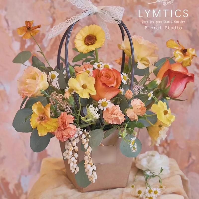 25x Kraft Paper Bag Flowers Waterproof Bouquet Basket Gift Box With Handle - 25PCS-Sq Big