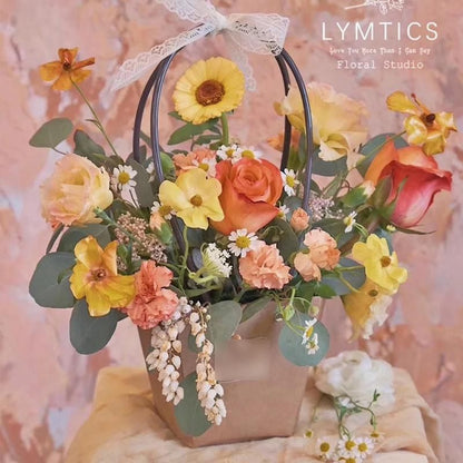 25x Kraft Paper Bag Flowers Waterproof Bouquet Basket Gift Box With Handle - 25PCS-Sq Big