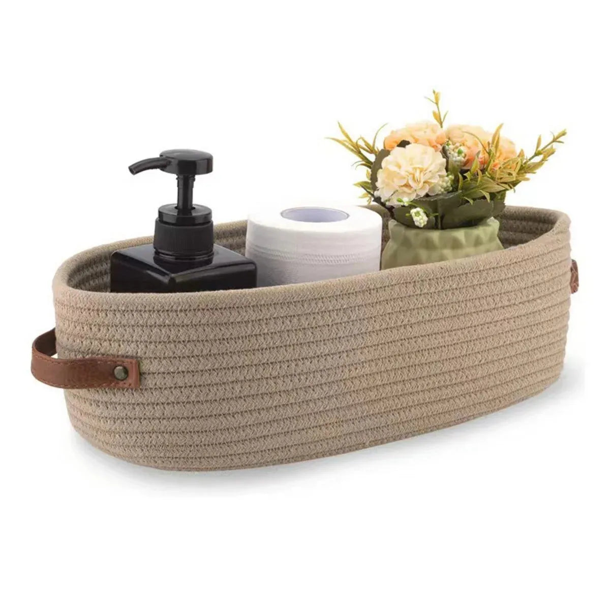 Oval Storage Basket with Handles Shelf Organiser Bin Laundry Toy Container - Khaki