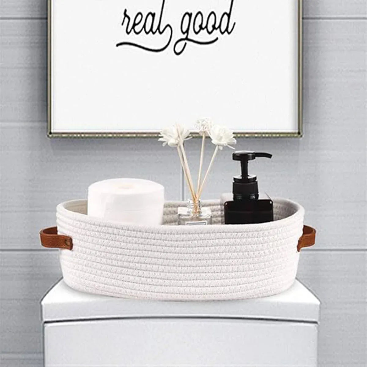 Oval Storage Basket with Handles Shelf Organiser Bin Laundry Toy Container - White