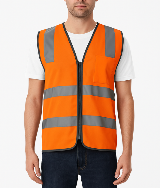 Hi Vis Safety Vest Reflective Tape Zip Up Workwear Pocket High Visibility in Orange