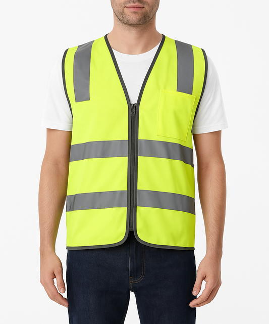 Hi Vis Safety Vest Reflective Tape Zip Up Workwear Pocket High Visibility in Yellow