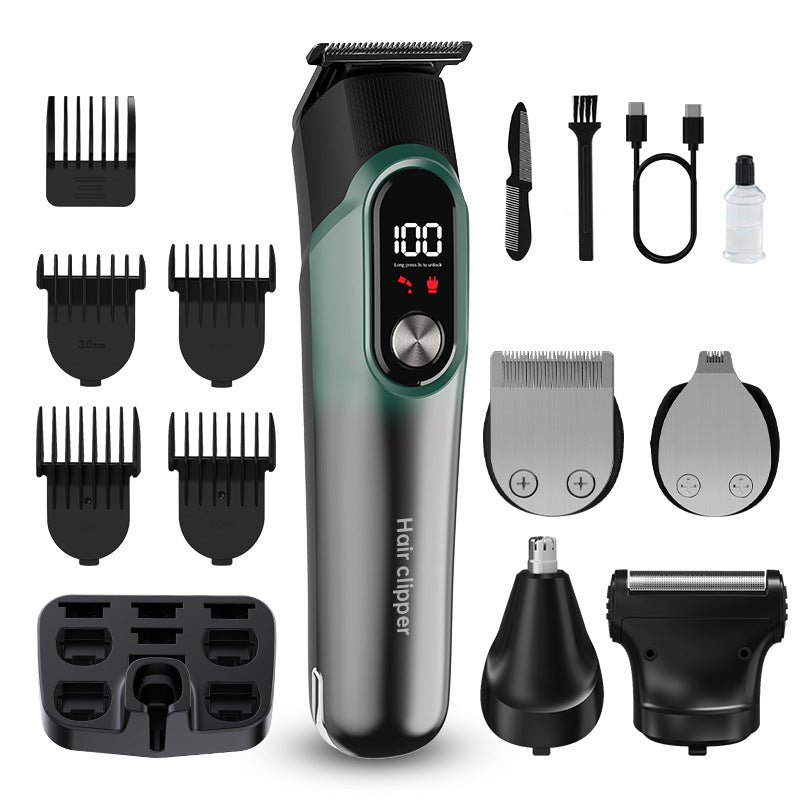 Green 5-in-1 Digital Display Hair Clipper Set - Adjustable Multifunctional Trimmer for Hair, Beard, and Precision Grooming
