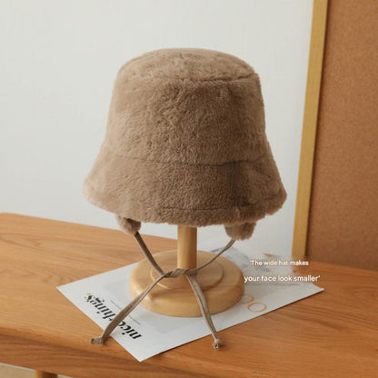 Plush Bucket Hat with Ear Flaps,Warm Furry Winter Hat in White-One size (54-59cm) adjustable