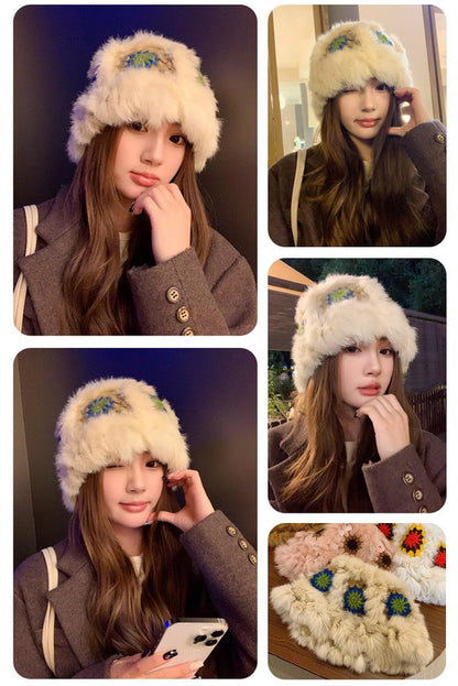 Plush Floral Bucket Hat,Warm Crocheted Winter Hat in White Pink-Hat circumference: 56-60cm