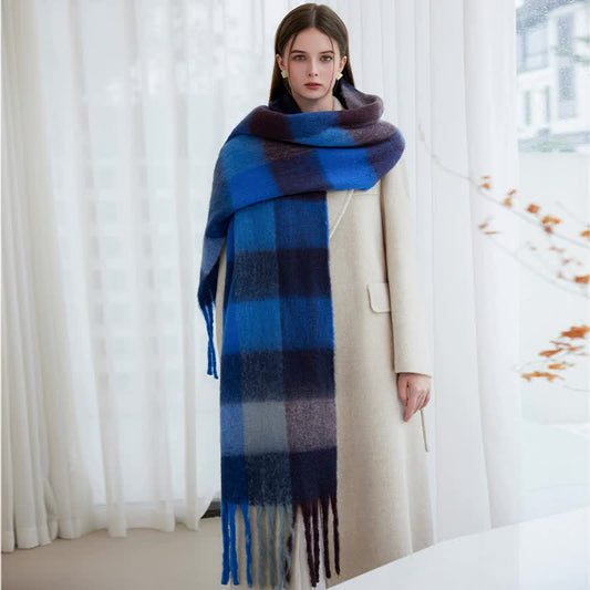 Winter Luxe Warm Oversized Scarf-Cozy Thick Plaid Wrap, European Chic Style(Orange-blue plaid)