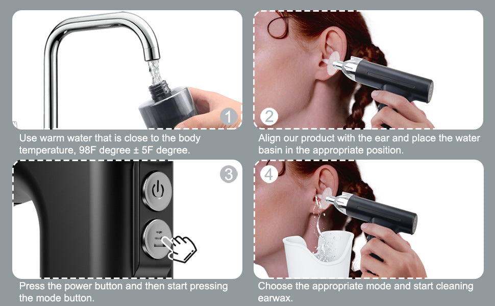 Black Electric Earwax Irrigator Set - Gentle and effective earwax cleaner with collection basin and earplugs