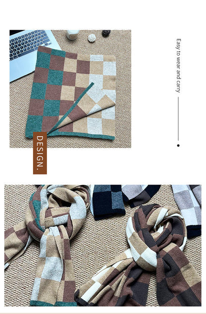 Coffee,Brown And Beige Unisex Retro Checkered Knit Scarf - Soft Thick Winter Shawl Wrap