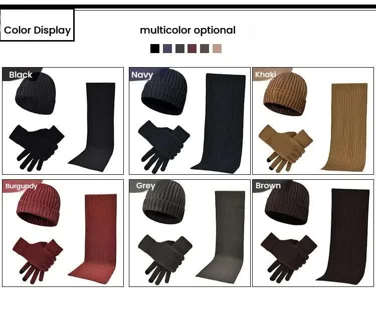 Navy Blue Men's 3-Piece Winter Warm Ribbed Knit Beanie Hat Scarf and Gloves Set