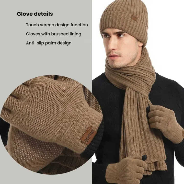 Light Grey Men's 3-Piece Winter Warm Ribbed Knit Beanie Hat Scarf and Gloves Set