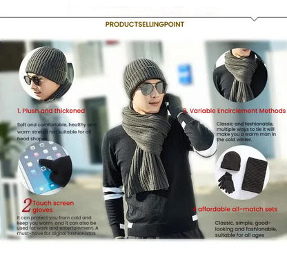 Light Grey Men's 3-Piece Winter Warm Ribbed Knit Beanie Hat Scarf and Gloves Set